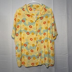 EARTHBOUND Retro Floral Waves Button Up Shirt Top XXL Yellow Blue‎ Orange
